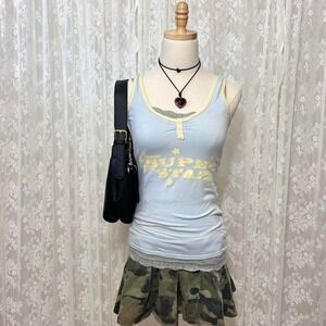 Y2K No‎ Boundaries Blue Tank Top "Superstar" w/ Buttons Size Small Grunge